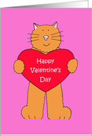 Happy Valentine’s Day Cartoon Ginger Cat Holding a Red Heart card