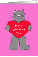 Happy Valentine’s Day Cartoon Grey Cat Holding a Red Heart card