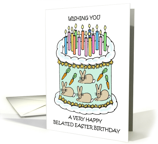 Happy Belated Easter Birthday Cartoon Bunnies Playing in a Field card