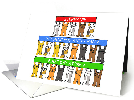 Happy First Day at Pre-K Cartoon Cats Holding Banners card (1786250)