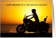 Happy Birthday Female Motorcyclist Riding at Sunset card
