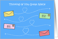 Thinking of You Great Niece Envelopes Flying Through the Sky card