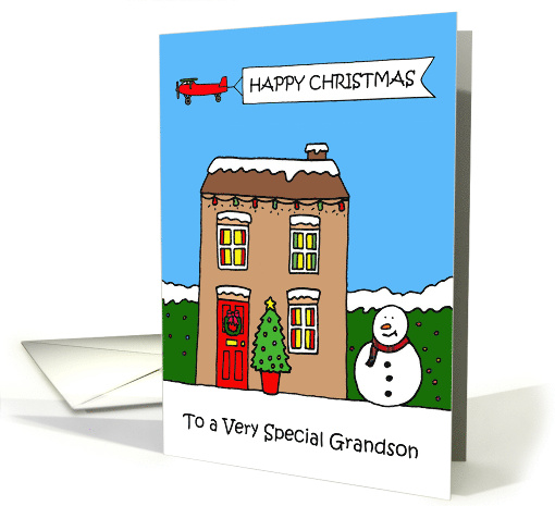 Happy Christmas to Grandson Festive Decorated Cartoon House card