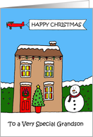 Happy Christmas to Grandson Festive Decorated Cartoon House card