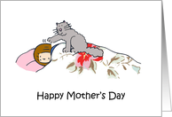 Mother’s Day from Pet Grey Cat and Woman in Bed Humor card
