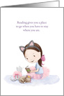 Little girl reading with kittens, blank card, any occasion card