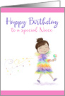 Happy Birthday Niece, Girl with Sparkles and Rainbow Outfit card