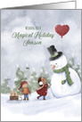 Happy Holidays Snowman with Heart Balloon and Children card