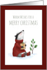 Warm Wishes Badger in Sweater with Gift Merry Christmas card