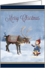 Merry Christmas Snow Scene with Reindeer and Little Girl card