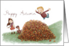 Happy Autumn with Leaf Pile and Children card