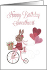 Happy Birthday Sweetheart with Rabbit on Bicycle and Heart Balloons card