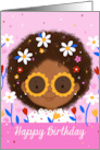 Happy Birthday Bright Pink Smiling Girl in Sunglasses and Flowers card