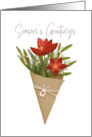 Season’s Greetings with Poinsettia Flowers and Winter Berries card