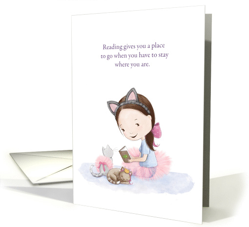 Little girl reading with kittens, blank card, any occasion card