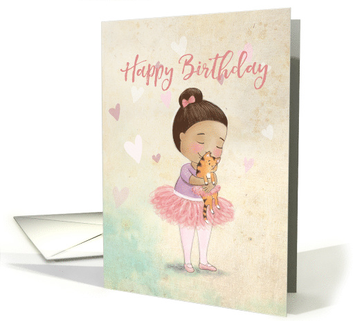 Girls Birthday Cute Little Girl Ballet Dancer with Cat card (1613928)