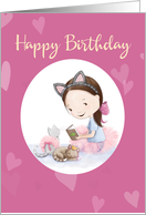 Happy Birthday, Little Girl with TuTu Skirt Reading to her Cats card