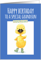 Happy Birthday to a Special Grandson, Yellow Duckling, Blue Background card
