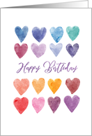 Happy Birthday with Rainbow Hearts, Watercolor card