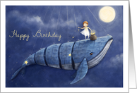 Friend Happy Birthday Whale and Girl Scattering Stars by Moonlight card