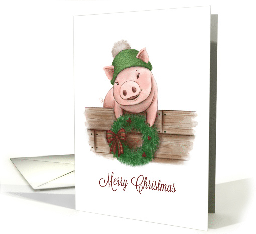 Merry Christmas Pig with Wreath and Knit Hat card (1654680)