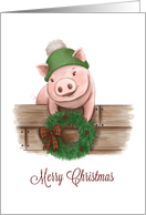 Merry Christmas Pig with Wreath and Knit Hat card