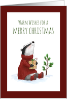 Warm Wishes Badger in Sweater with Gift Merry Christmas card