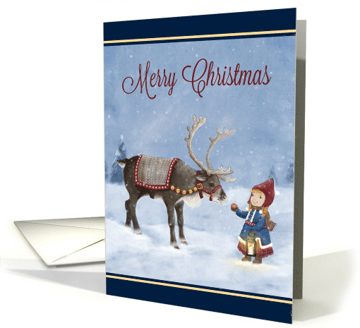 Merry Christmas Snow Scene with Reindeer and Little Girl card