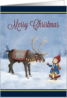 Merry Christmas Snow Scene with Reindeer and Little Girl card