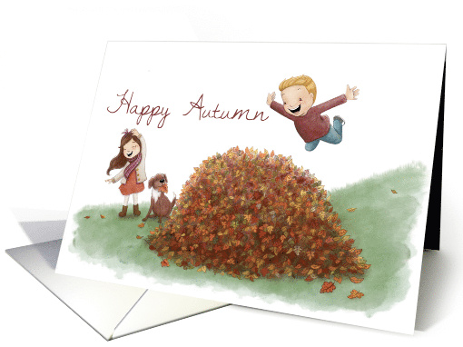 Happy Autumn with Leaf Pile and Children card (1693562)