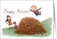 Happy Autumn with Leaf Pile and Children card