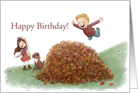 Happy Birthday with Kids and Leaf Pile card