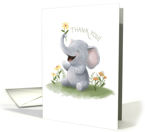 Thank You with Little Elephant Holding a Daisy Blank Inside card