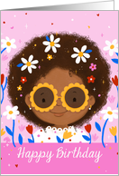 Happy Birthday Bright Pink Smiling Girl in Sunglasses and Flowers card