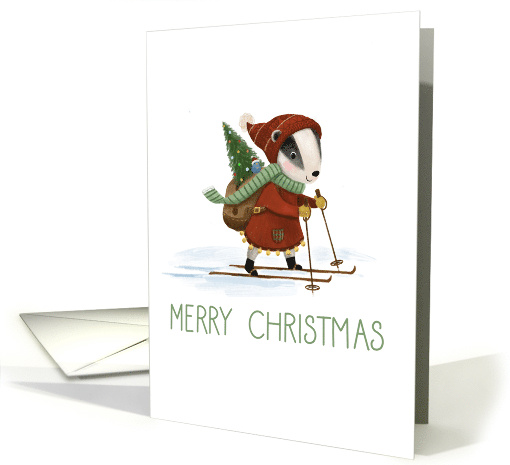 Merry Christmas Santa Badger on Skis with Tree card (1744154)