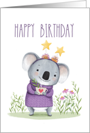 Happy Birthday to Koala with Flowers, Stars and Tea card