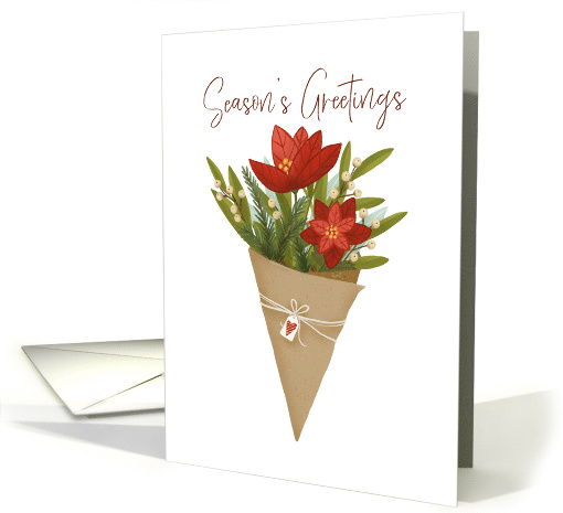 Season's Greetings with Poinsettia Flowers and Winter Berries card