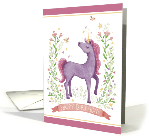 Purple Unicorn with Stars and Flowers Birthday card (1763826)
