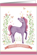 Purple Unicorn with Stars and Flowers Birthday card