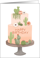 Happy Birthday Cake with Flowers and Cactus in Peach card