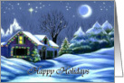 Home for the Holidays Christmas Cottage with Snow Under Moonlight Card