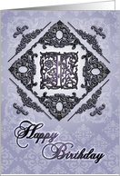 Ornate Damask and Faux Pewter T Monogram Birthday Card