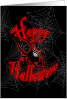 Red Happy Halloween with Black Spider and Webs card