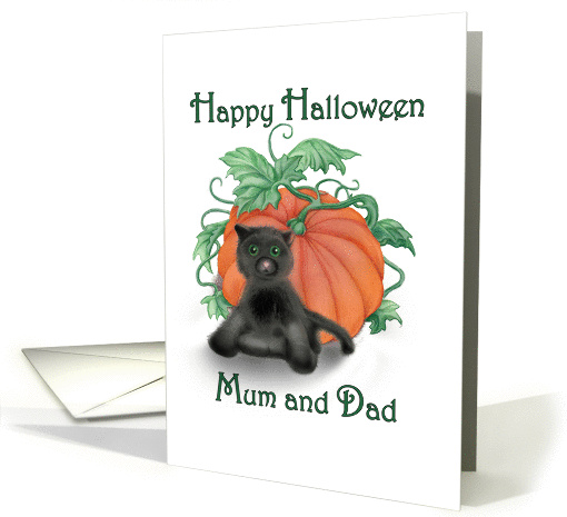 Happy Halloween Fuzzy Black Kitty and Pumpkin for Mum and Dad card