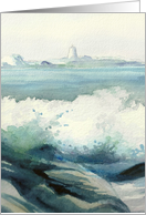 Misty Blue Lighthouse and Crashing Waves Watercolor Blank Note Card