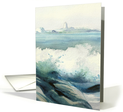 Misty Blue Lighthouse and Crashing Waves Watercolor Birthday card