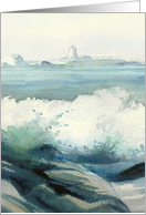 Misty Blue Lighthouse and Crashing Waves Watercolor Birthday Card
