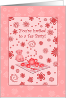 Pink Retro Flowers and Teddy Bear Picnic Tea Party Invitation Card