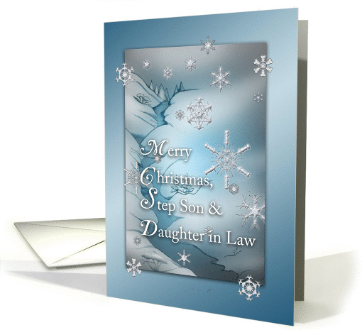 Merry Christmas Snowflakes on Blue for Step Son & Daughter in Law card