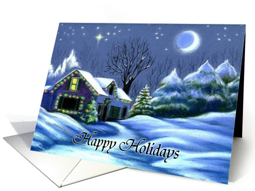 Home for the Holidays Christmas Cottage with Snow Under Moonlight card